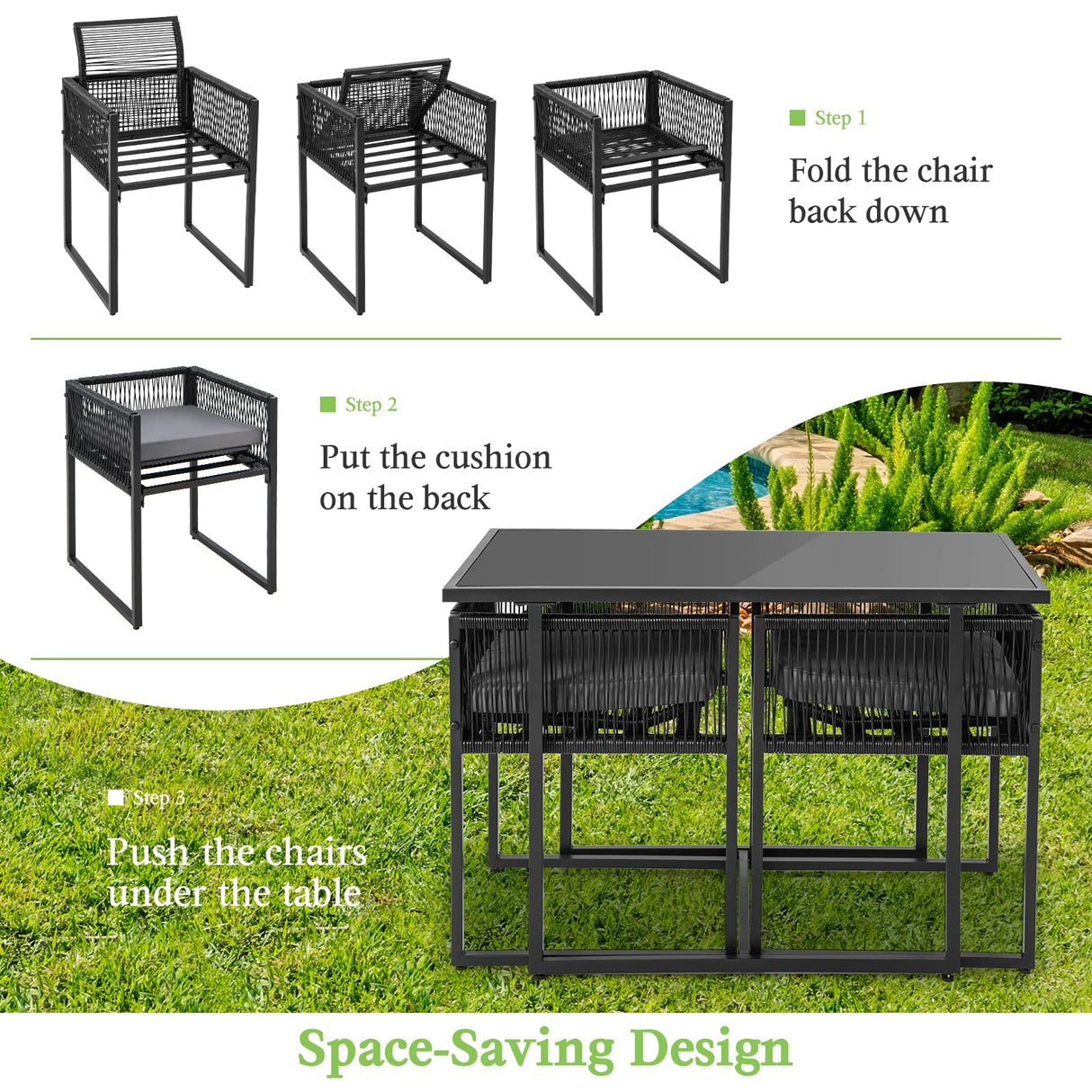Tangkula 3 Pieces Outdoor Dining Set, Patio PE Rattan Furniture Set with Folding Backrest, Cozy Seat Cushions, Tempered Glass Tabletop, Space-Saving Rattan Chair Table Set for Backyard, Poolside Tangkula