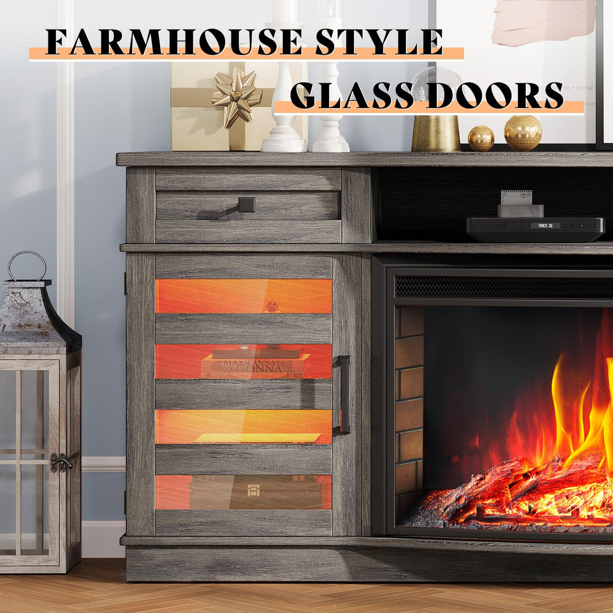 AMERLIFE 70" Curved Fireplace TV Stands with 36'' Electric Fireplace, Farmhouse LED Entertainment Center for TVs up to 80'' with Glass Door & Adjustable Shelves, Wash Gray AMERLIFE