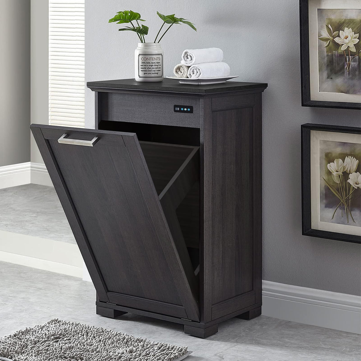 OLD CAPTAIN Wooden Tilt Out Trash Cabinet, Hidden Trash Can Kitchen Holds 10 Gallons (Dark Brown+Black Top Panel) OLD CAPTAIN