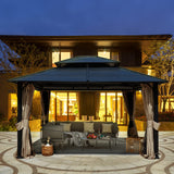 EROMMY 12'x14' Hardtop Gazebo, Double Roof Metal Canopy with Aluminum Frame, Netting and Shaded Curtains Included Permanent Outdoor Pavilion Gazebos for Patio, Backyard, Deck and Lawns EROMMY