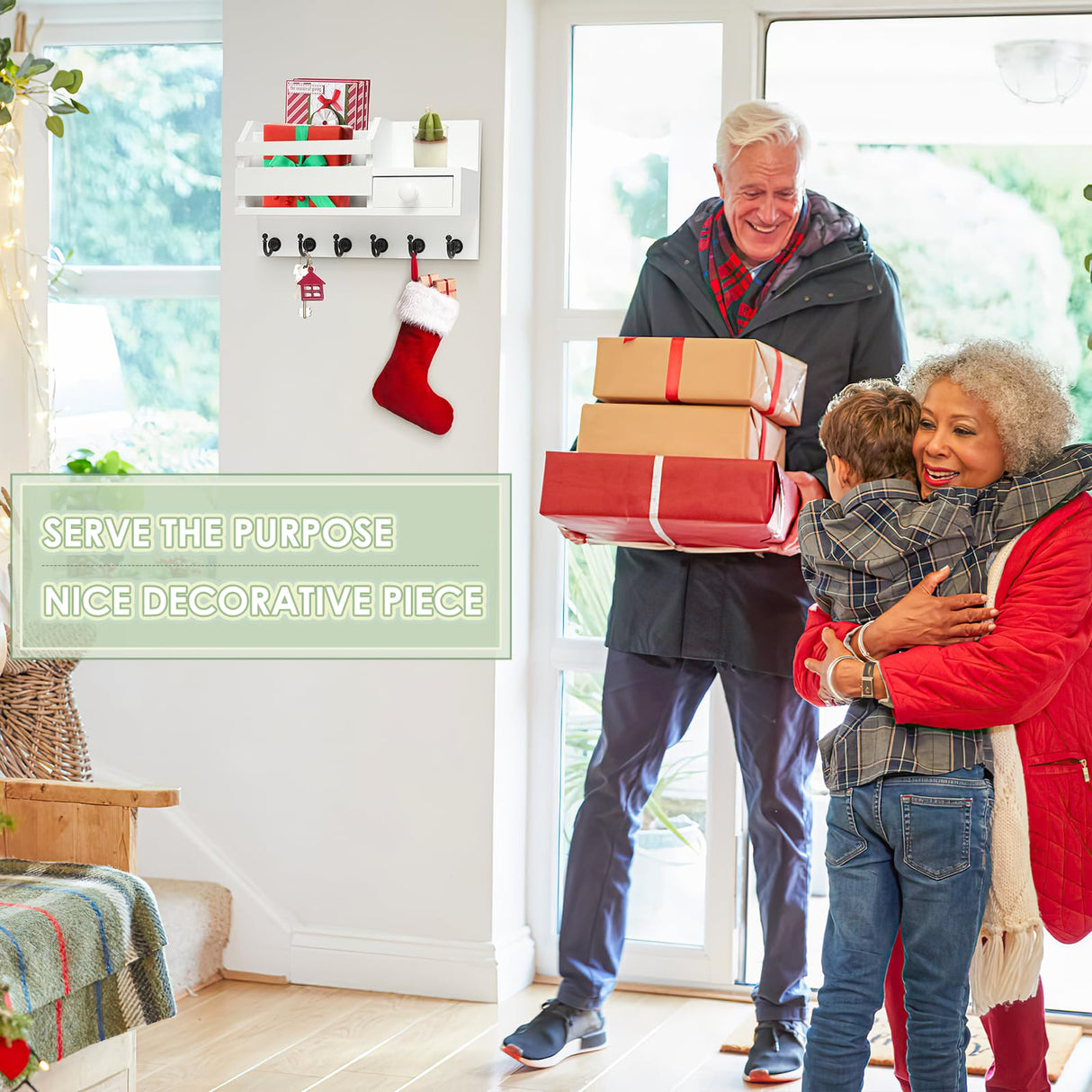 VIS'V Key Holder for Wall, Wooden Key Mail Holder with Drawer Wall Mount Key Organizer Mail Sorter with 6 Key Hooks Key Rack with Shelf for Entryway Doorway Hallway - White VIS'V