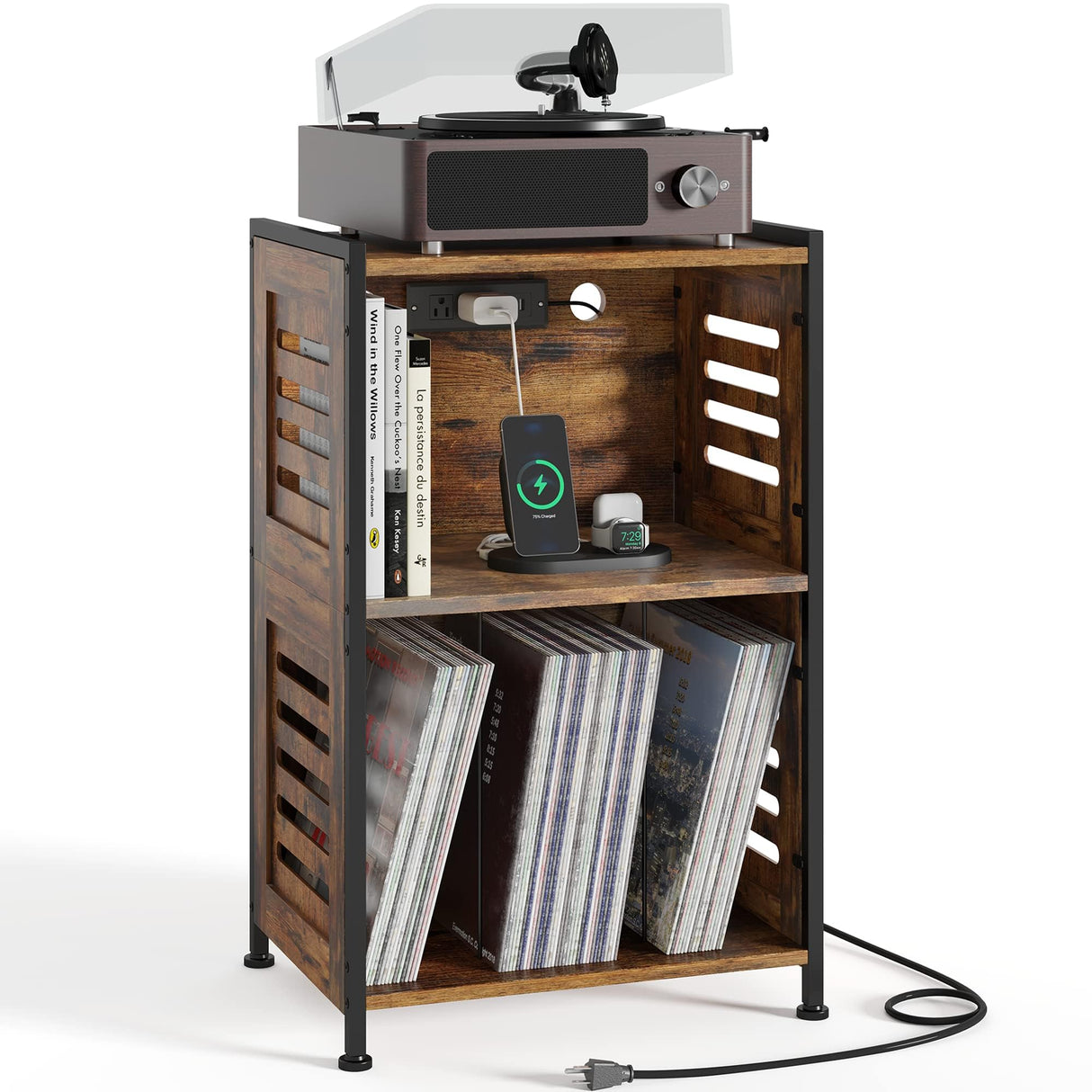 Y&M Record Player Stand, Vinyl Turntable Stand with Charging Station and USB Port, Record Display Table with Storage Cabinet, Turntable Holder, End Table, Nightstand for Bedroom, Living Room, Brown Y&M