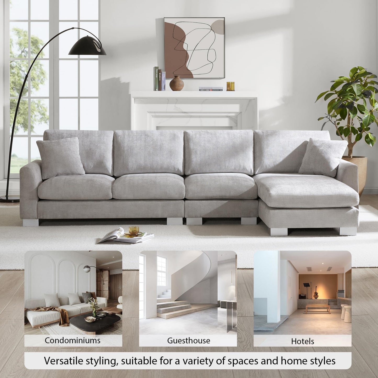 Acosure 119" Modern Oversized Sectional Sofa with Chaise Lounge,L-Shaped Luxury Couch Set W/2 Free Pillows,Line Design,5-seat Chenille Indoor Furniture for Living Room,Apartment,Office,Light Gray