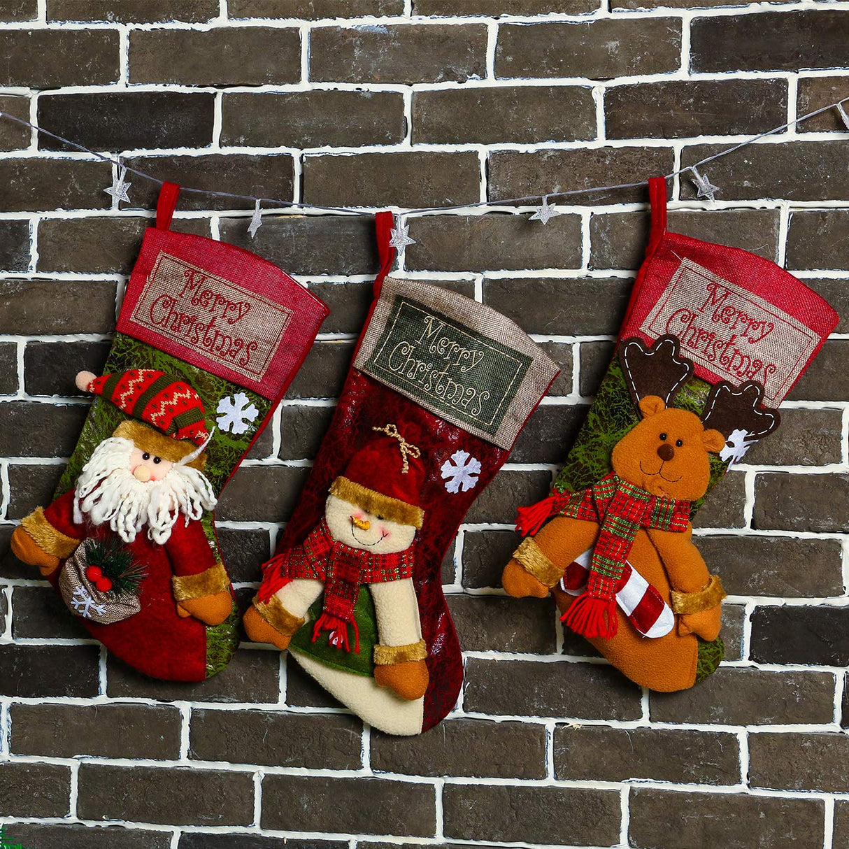 Sunnyglade 3PCS 18" Christmas Stocking Classic Large Stockings Santa, Snowman, Reindeer Xmas Character for Family Holiday Christmas Party Decorations Sunnyglade
