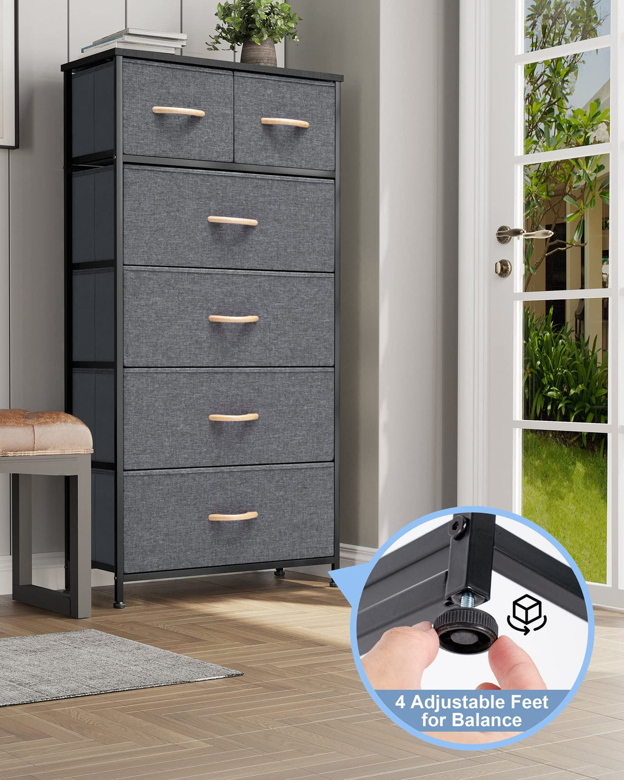 Crestlive Products Vertical Dresser Storage Tower - Sturdy Steel Frame, Wood Top, Easy Pull Fabric Bins, Wood Handles - Organizer Unit for Bedroom, Hallway, Entryway, Closets - 6 Drawers (Gray) Crestlive Products