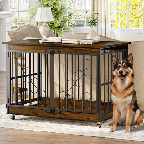 COZPAW Dog Crate Furniture, 48 Inch Dog Crates for Medium/Large Breed, Farmhouse Wood Metal Kennel Indoor Heavy Duty Pet Cage with Caster Wheels (Brown) COZPAW