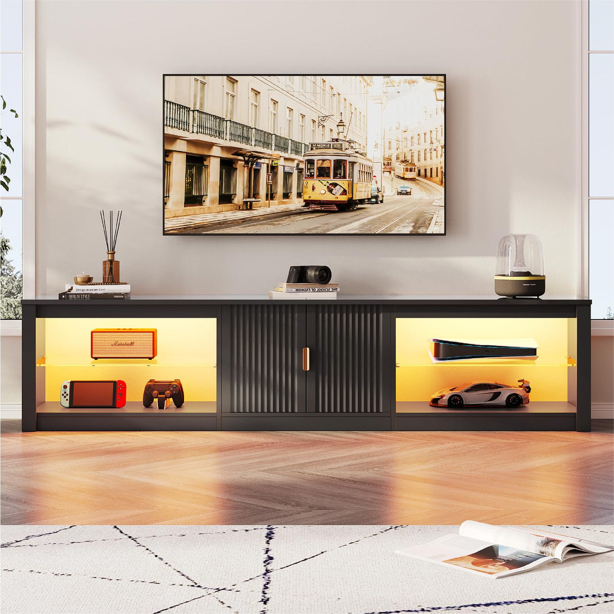 Bestier 80 Inch TV Stand for 75/85/90 inch TVs, LED Gaming Entertainment Center with Storage Cabinet & Adjustable Shelves, Modern High Gloss TV Console Table for Living Room Bedroom, Black Glossy Bestier