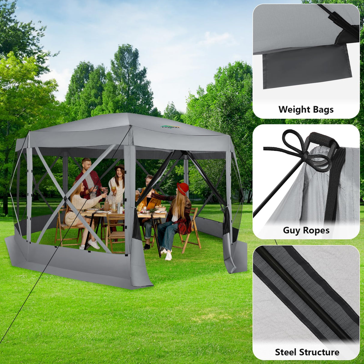 COBIZI Pop Up Gazebo Screen Tent Screen House for Camping, 15x15 Screen Room with Mosquito Netting, Hub Tent Instant Screened Canopy with Carrying Bag and Ground Stakes, Gray COBIZI