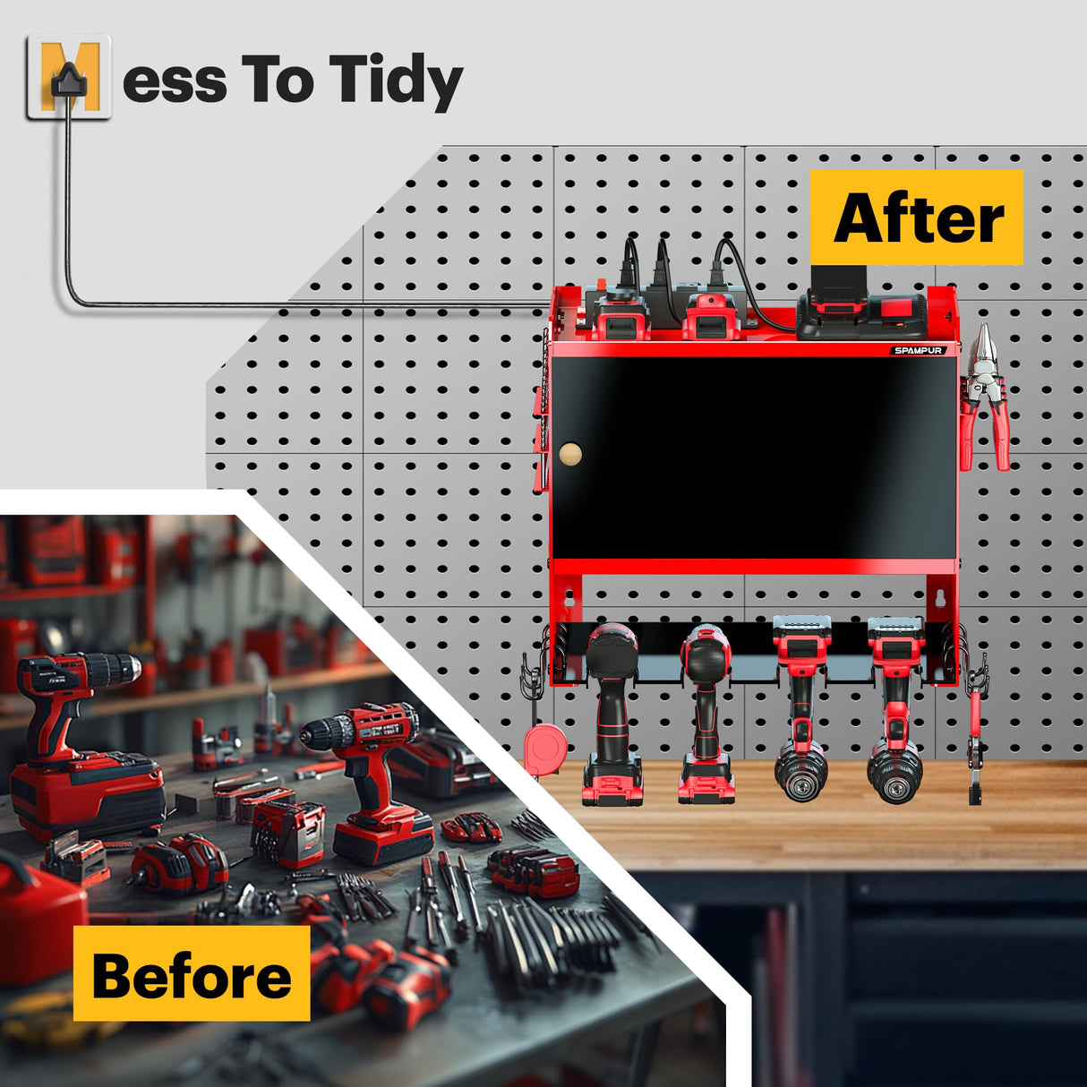 Spampur Power Tool Organizer Wall Mount with Charging Station,Garage Metal Cabinet 15 Min Quick Assembly & Max 150lb load with 6 Outlet Power Strip, 8 Slots Cordless Drill for Workshop/Shed/Tool Room Spampur