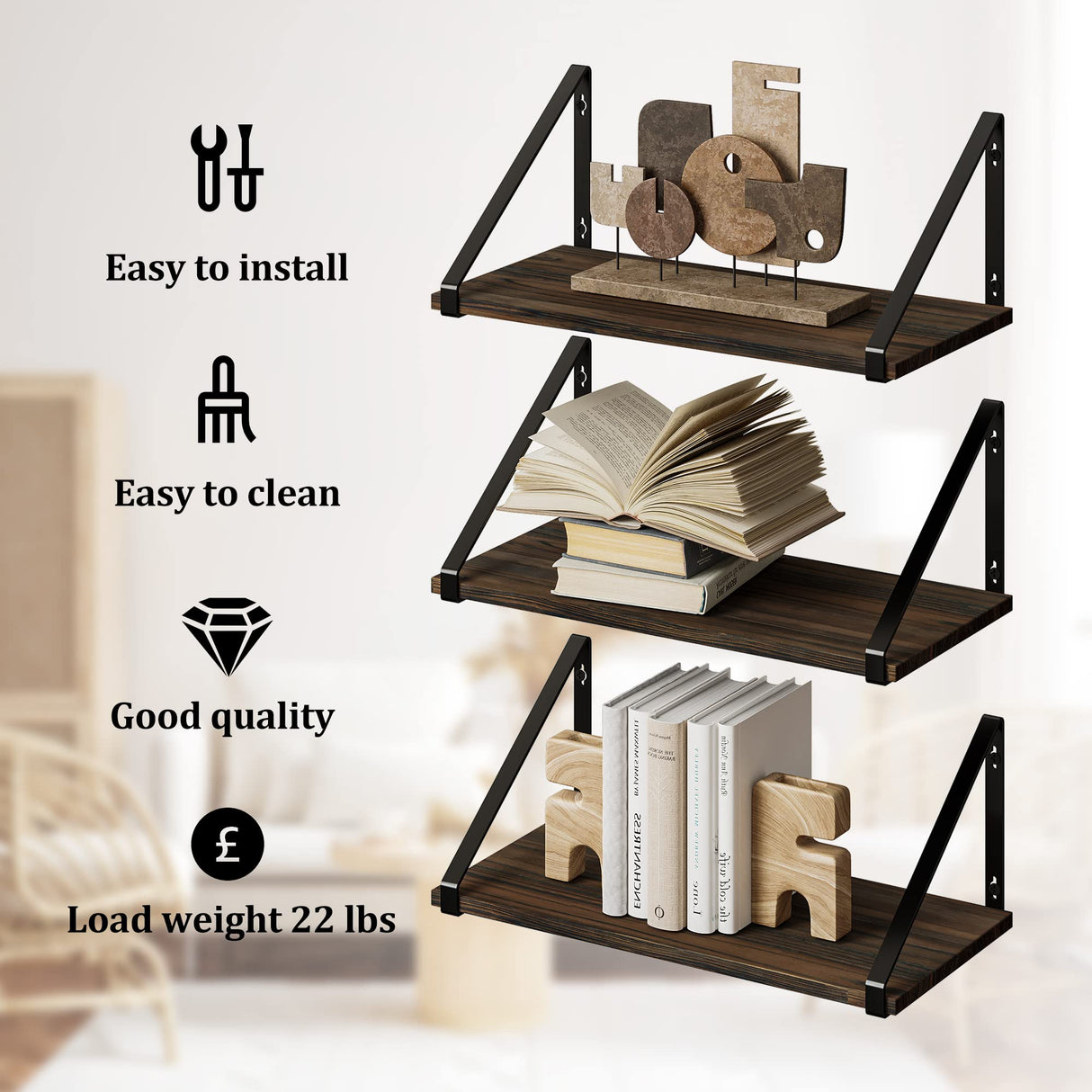 BAMEOS Floating Shelves Rustic Wood Wall Shelf, Small Bookshelf for Living Room, Office, Bedroom, with Metal Bracket BAMEOS