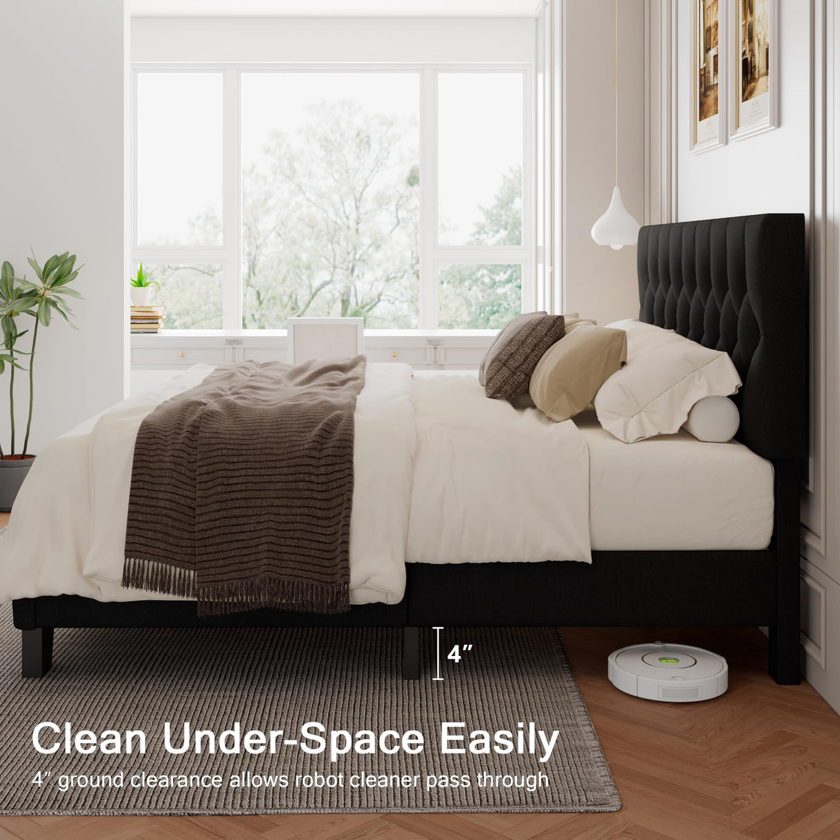 Einhomn King Upholstered Bed Frame with Headboard, Button Tufted Linen Bed Base, Platform Bed with Heavy Duty Wood Slat Support, Noise Free, No Box Spring Needed, Easy Assembly, Black Einhomn