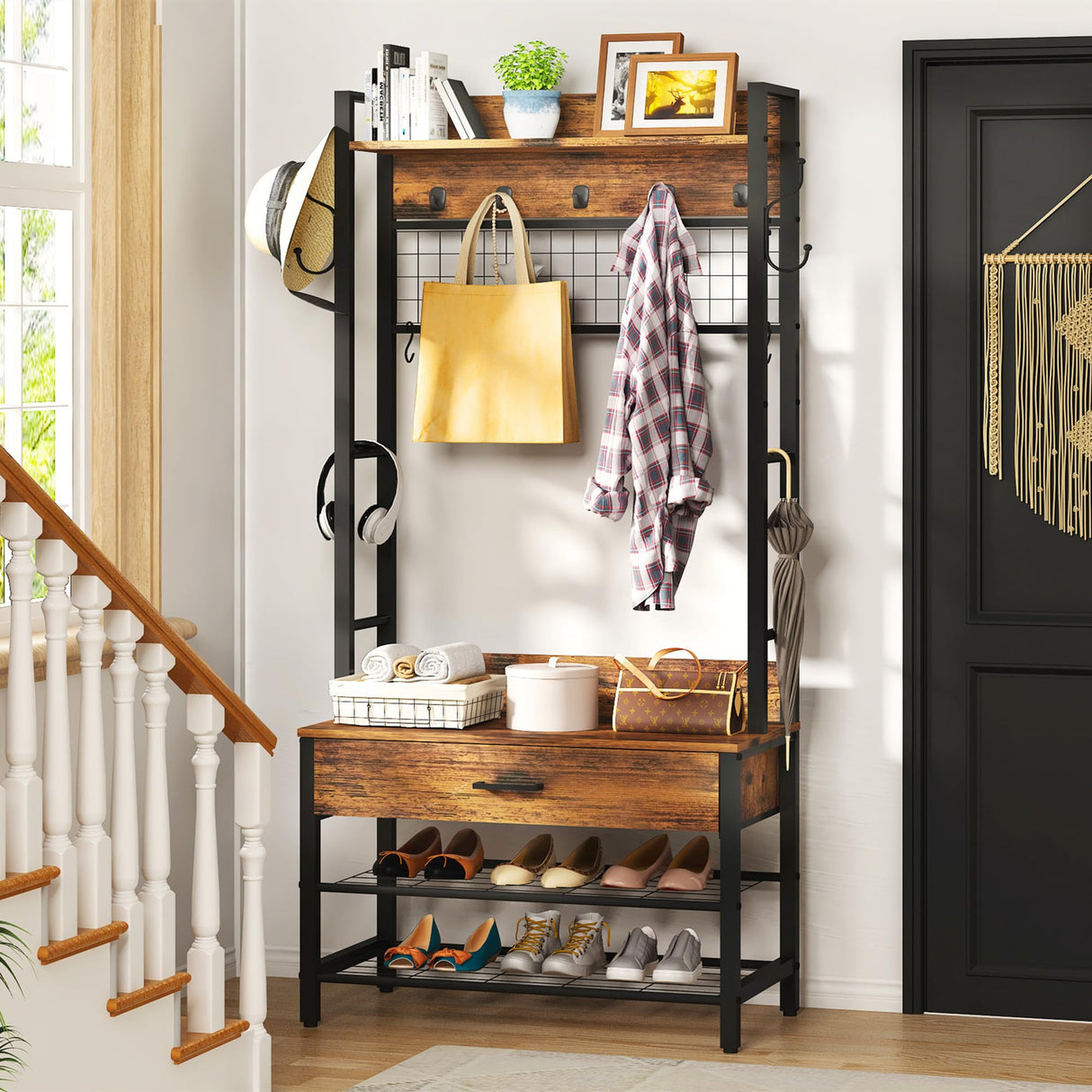 DKLGG Hall Tree with Bench and Shoe Storage for Entryway, 5-in-1 Coat Rack with Shoe Storage, Wood Look Accent Shoe and Coat Rack, Farmhouse Hall Tree with 12 Hooks for Mudroom, Bedroom, Living Room DKLGG