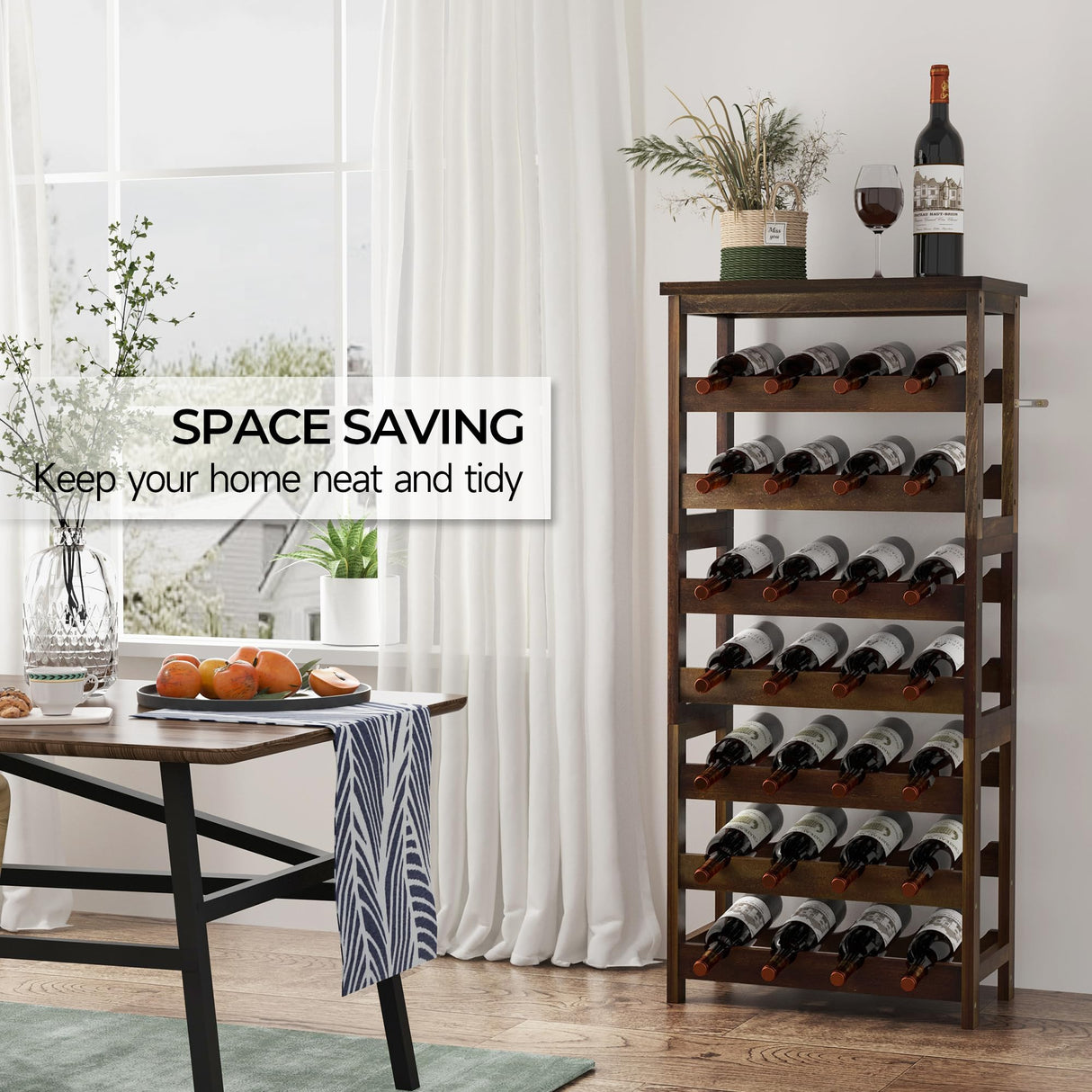 28-Bottle Wine Rack Free Standing Floor, Solid Wood 7-Tier Display Wine Storage Shelves with Tabletop, Wobble-Free Bottle Holder for Cellar Kitchen Bar Dining Room Living Room, Walnut FLYJOE