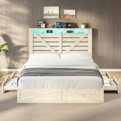 AMERLIFE Farmhouse Bed Frame with 4 Drawers & 4 Open Storage Space, Queen Size Storage Bed with LED Light & Charging Station, Wooden Slats, Noise Free, Rustic White AMERLIFE