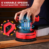 Orbital Sander Corded Hand Sander: DEKOPRO 20V 5" Random Orbital Sander with Dust Box, 6 Various Speeds Electric Palm Sander with Dust Box, 16Pcs Sandpapers for Woodworking & Sanding (Red) DEKOPRO