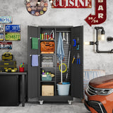 Reemoon Broom Closet Storage Cabinet with Wheels and Pegboard,Metal Garage Storage Cabinet with Doors and Adjustable Shelves for Garage Home,Required Assembly,Black Reemoon