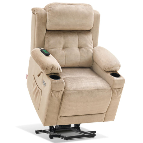 MCombo Medium Triple Motor Power Lift Recliner Chair with Massage and Heat for Elderly People, Adjustable Headrest, Infinite Position, USB Ports, Fabric 7661 (Beige, Medium) MCombo
