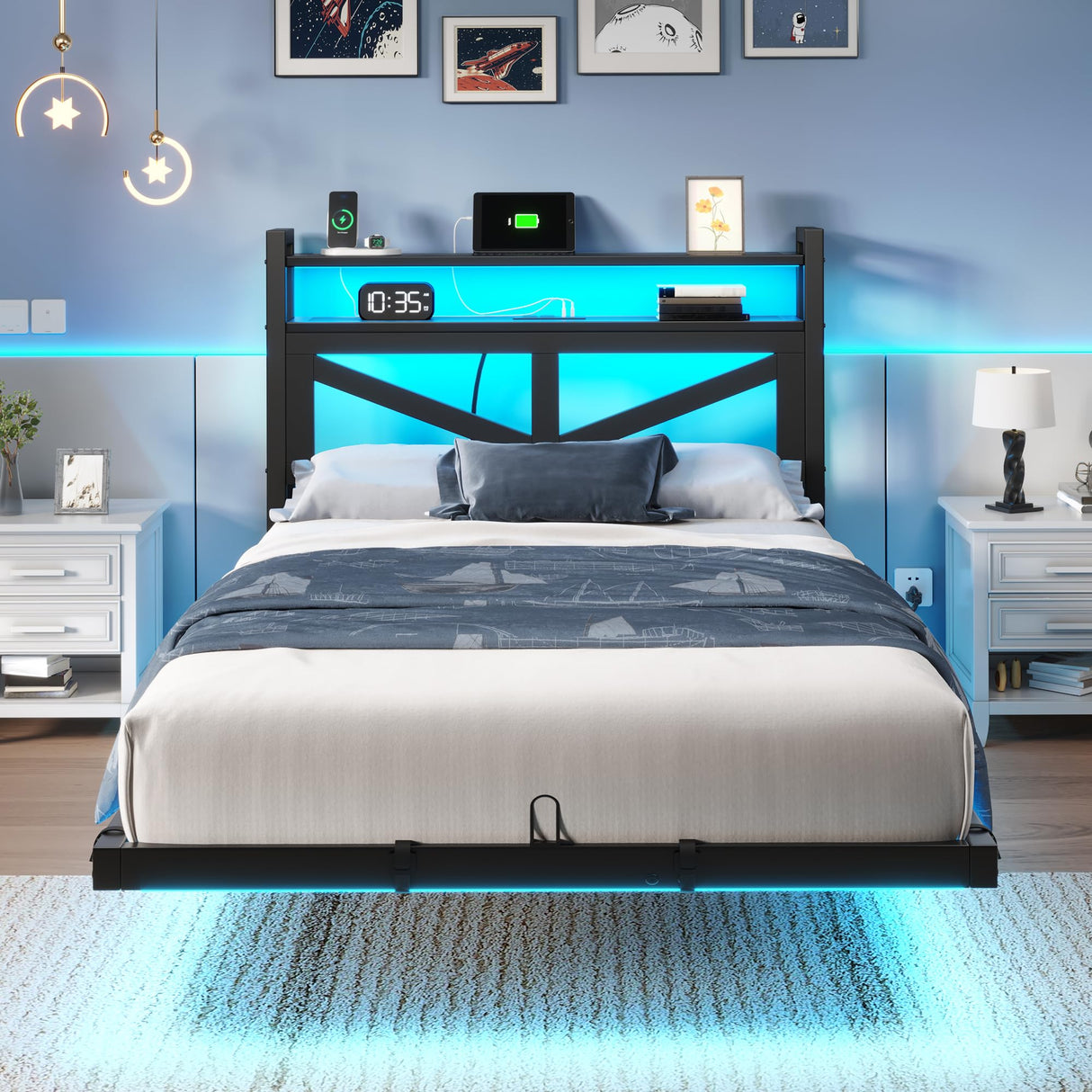 YITAHOME Twin Size Floating Bed Frame with USB Charging Station Storage Headboard and with Led Light, Heavy Duty Metal Platform Bed Frame, No Box Spring Needed, Easy Assembly and Noise Free, Black YITAHOME