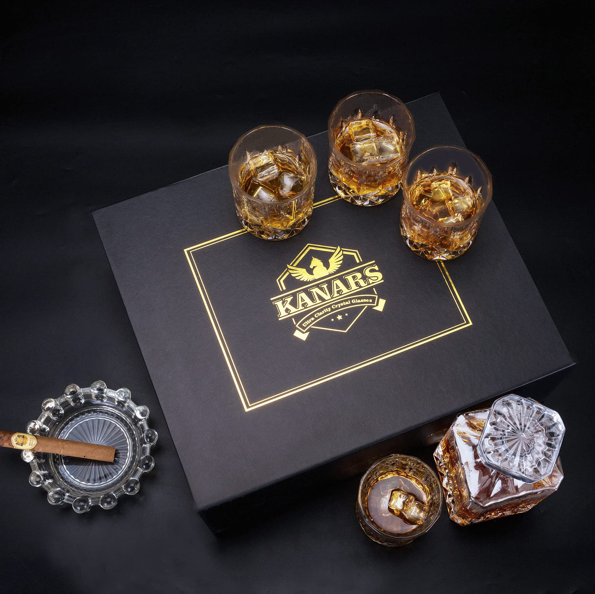 KANARS Whiskey Decanter And Glasses Set in Unique Gift Box - Original Crystal Liquor Decanter Set For Bourbon, Scotch, Vodka, Rum or Whisky, 5-Piece, Gifts for Men Dad KANARS