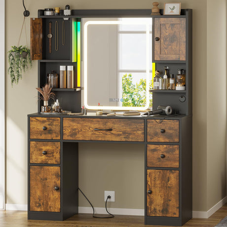 Tiptiper Makeup Vanity Desk with Digital Clock, Mirror and Lights, Large Vanity Table with Charging Station, Farmhouse Dressing Table with 5 Drawers Tiptiper