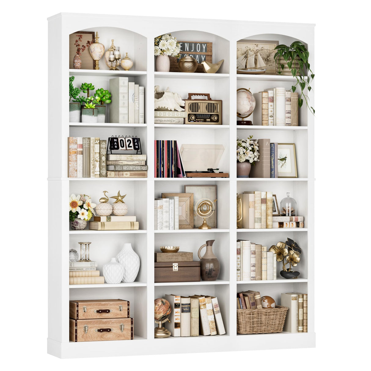 FACBOTALL 71" Triple Wide Bookshelf, 6 Tier Bookcase, Large White Bookshelf with Curved Baffle, 63.4" Wide Tall Bookcase with 18 Open Display Shelves for Living Room, Study, White FACBOTALL