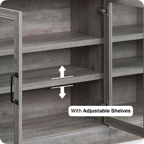 BELLEZE Sideboard Buffet Cabinet, 55” Entertainment Center Modern Wood Glass-Buffet-Sideboard with Storage Cabinet Console Table Adjustable Shelves for Dinning Room Living Room Hallway, Gray Wash BELLEZE