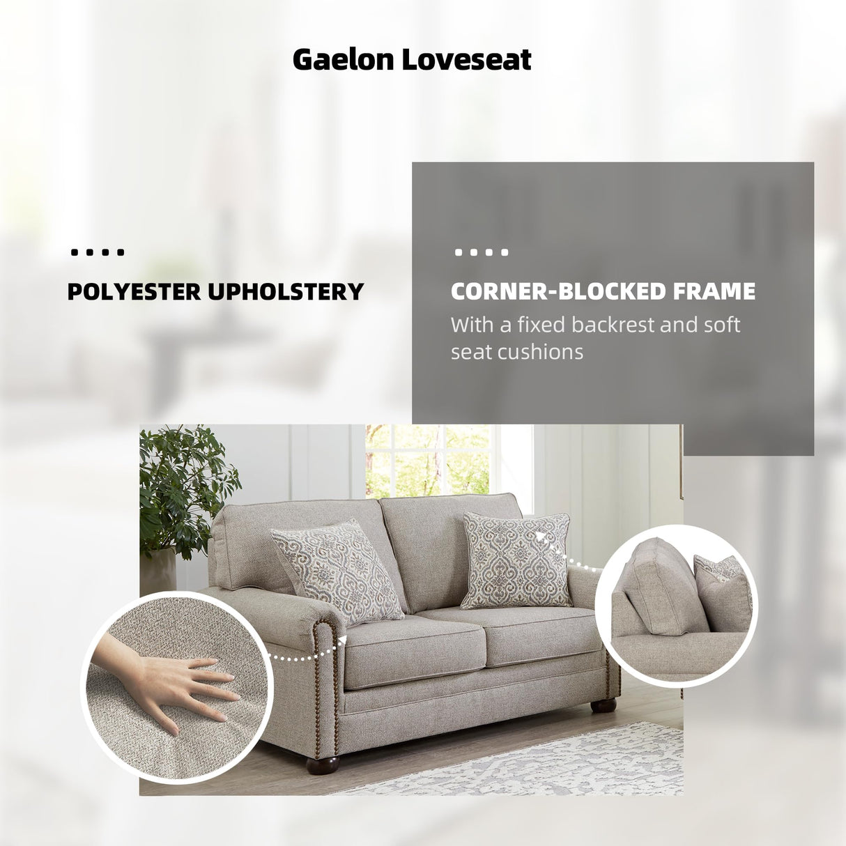 Signature Design by Ashley Gaelon Transitional Loveseat with Nailheads and 2 Accent Pillows, Beige Signature Design by Ashley