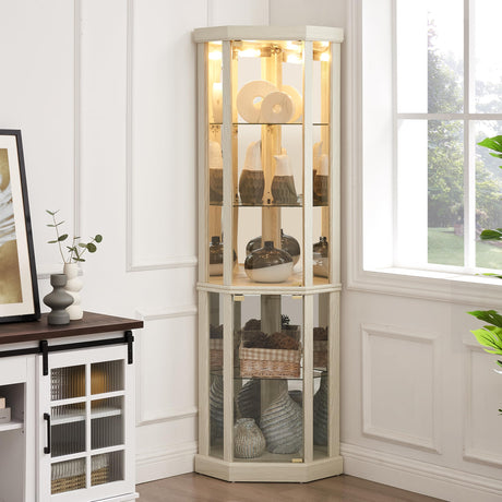 nifoti 69" H Lighted Curio Cabinet Corner Display Case,Corner Glass Cabinet with Tempered Glass Door and Adjustable Shelves,Wooden Corner Curio Cabinet with Mirrored Back Pane(Style 1 - Antique White) nifoti