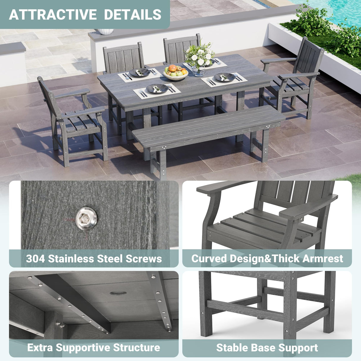 Pamapic 6 PCS Outdoor Dining Set, Spacious HDPE Outdoor Table with 4 Chairs and 1 Bench, Wood Grain Patio Furniture Sets with Elegant Armrest, All-Weather Patio Dining Table with Umbrella Hole, Gray Pamapic