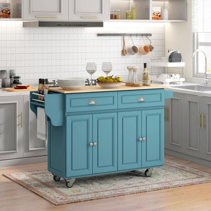 HOMCOM Rolling Kitchen Island Drop Leaf, Kitchen Cart on Wheels, Solid Wood Top Breakfast Nook with Storage Drawers, 4-Door Cabinets and Spice Rack, Light Blue - WoodArtSupply