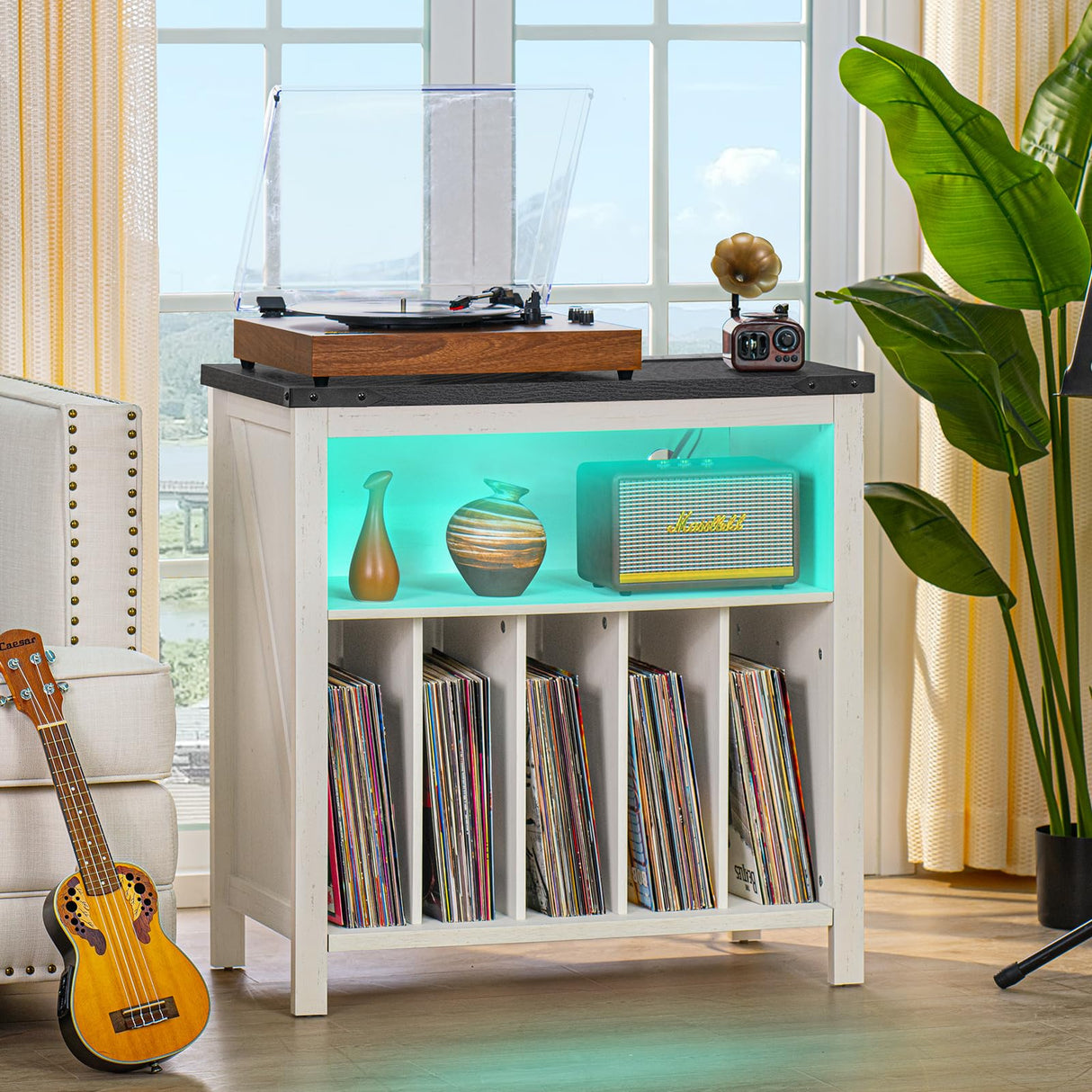 Joaxswe Large Record Player Stand with Charging Station & LED Lights, White Vinyl Record Storage Table Holds up to 230 Albums, Turntable Stand with Display Shelf for Music Room Bedroom Living Room Joaxswe