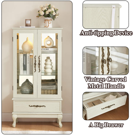 nifoti 51" H Lighted Curio Cabinet Display Case, Glass Curio Cabinet with Adjustable Shelves,Tempered Glass Door and Drawer, Wooden Cabinets w/Mirrored Back Pane for Living Room (Antique White) nifoti