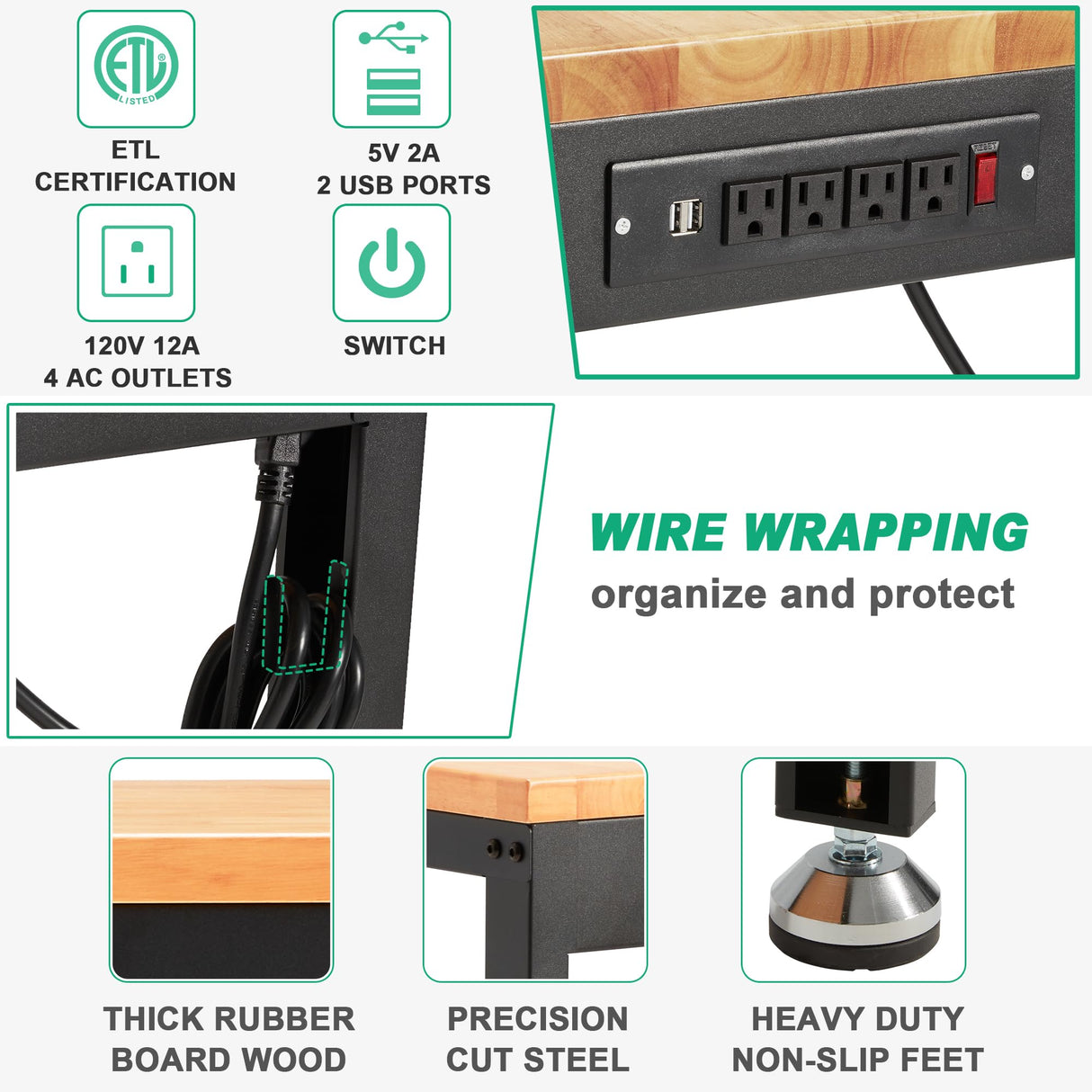 HABUTWAY Height Adjustable Workbench, 60"x20" 2000 Lbs Capacity Solid Wood Work Station Heavy-Duty, with Power Outlets, for Garage Party Shop Office HABUTWAY