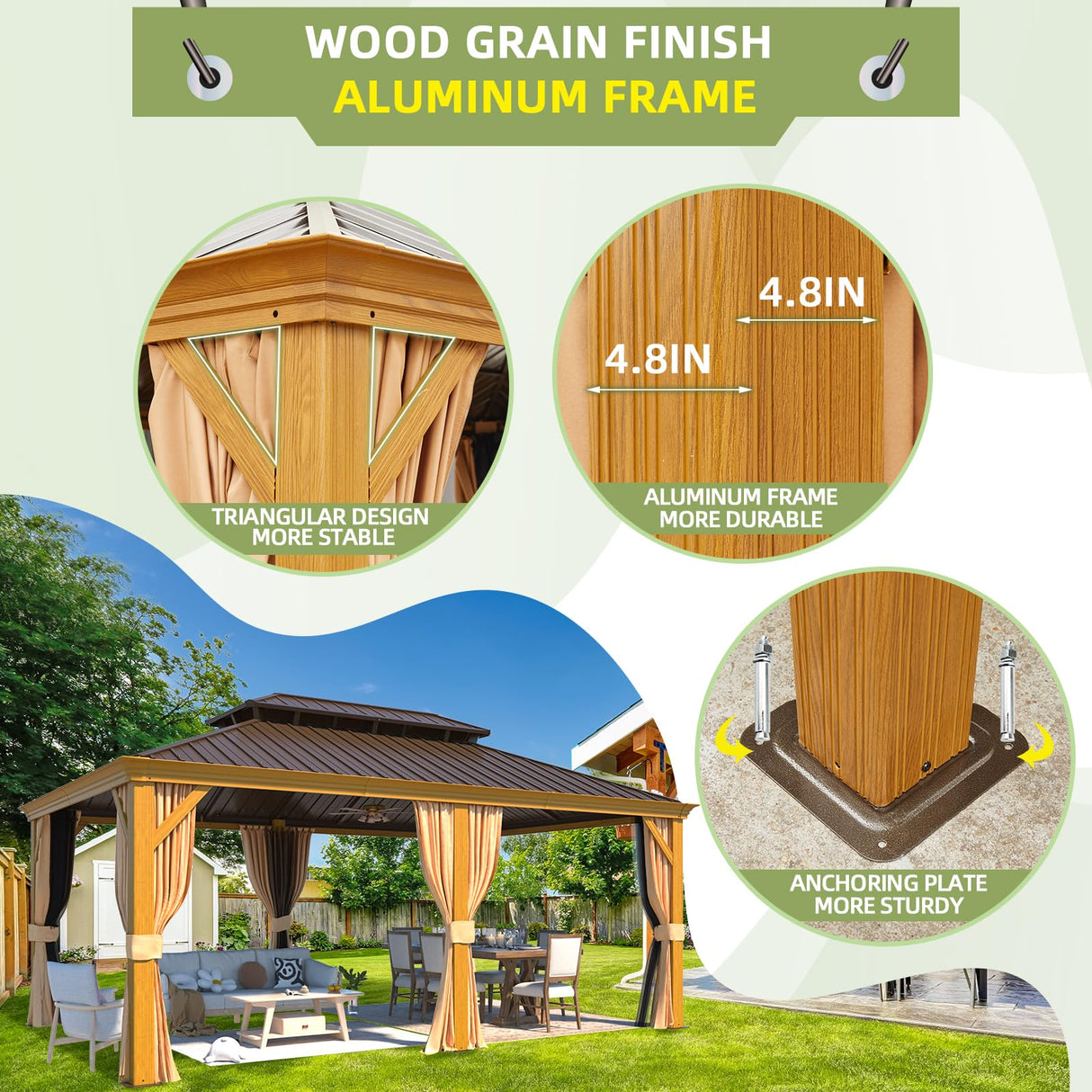 EROMMY 12' x 18' Gazebo, Wooden Finish Coated Aluminum Frame Canopy with Double Galvanized Steel Hardtop Roof, Outdoor Permanent Metal Pavilion with Curtains and Nettings for Patio, Backyard and Deck EROMMY