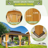 EROMMY 12' x 18' Gazebo, Wooden Finish Coated Aluminum Frame Canopy with Double Galvanized Steel Hardtop Roof, Outdoor Permanent Metal Pavilion with Curtains and Nettings for Patio, Backyard and Deck EROMMY