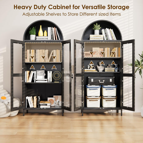 JAORD 73'' H Metal Arched Display Cabinet with Glass Door,Locking Kitchen Pantry Cabinet with Lockable Door and 2 Adjustable Shelves for Home Office, Assembly Required, Black JAORD