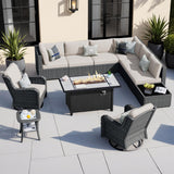 HOOOWOOO Outdoor Patio Furniture with Fire Pit Set 11 Pieces Patio Set with Fire Pit Wicker Outdoor Furniture with Fire Pit Table Set Patio Sectional Set with Swivel Chairs,Beige HOOOWOOO