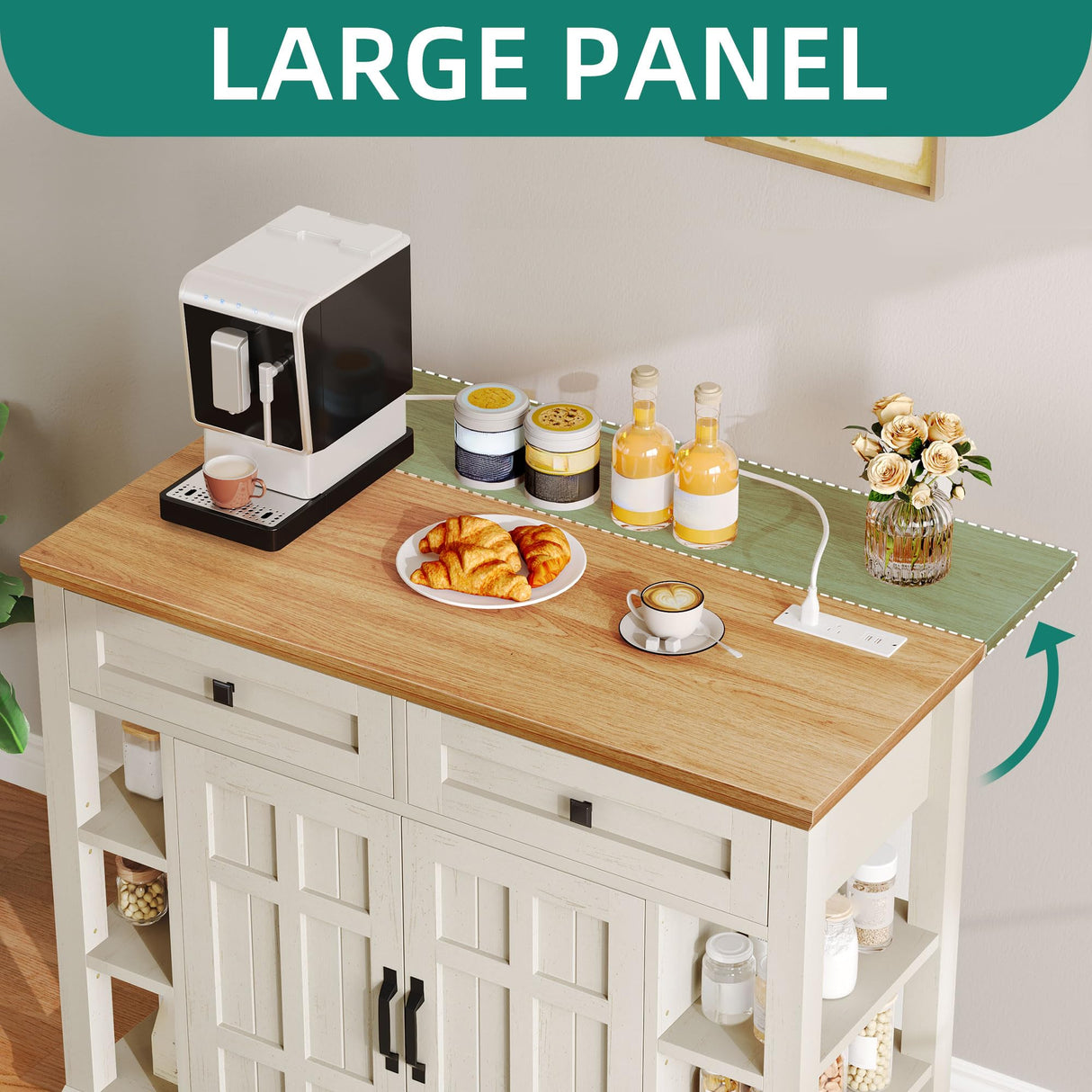 YITAHOME Kitchen Island with Drop Leaf, Mobile Storage Island with Power Outlet, Americana Rolling Kitchen Carts with Storage Shelves and Drawers, Island Table on Wheels for Dining Room, Beige YITAHOME