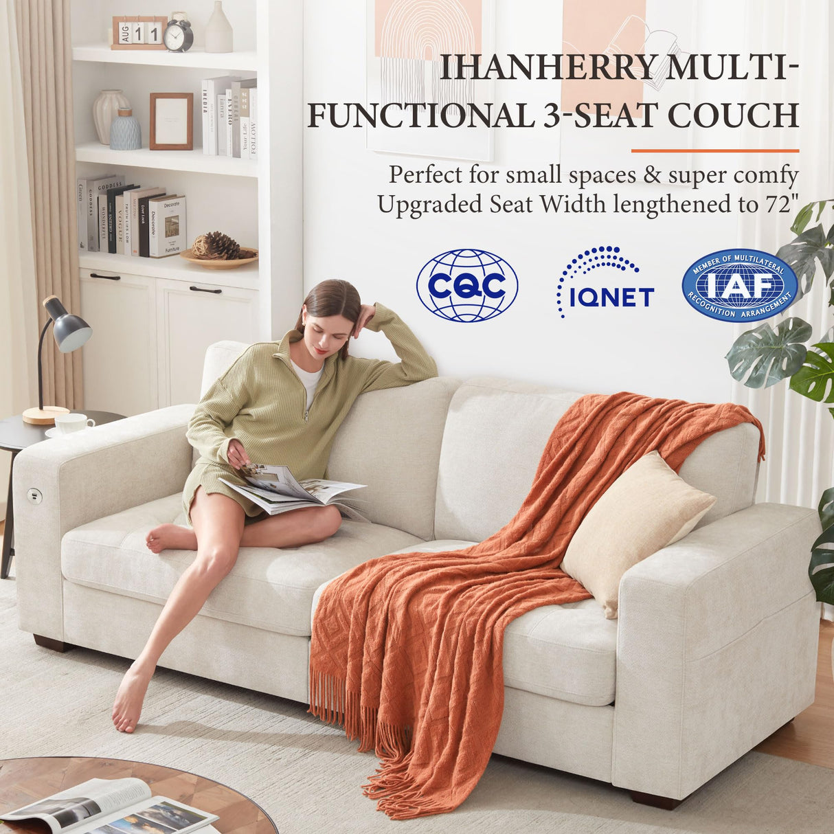 Ihanherry 89" Modern Sofa 3-Seats Couches for Living Room, Chenille Sofas with Extra Large Seat Width & Depth, USB/Type-C Charging Port & Side Pocket, Removable Medium Firm Sofa Cushion(Beige) Ihanherry