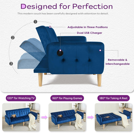 TYBOATLE 65" W Velvet Modern Convertible Folding Futon Couch Sofa Bed w/ 2 USB Charging Ports for Compact Living Space, Small Couches for Office, Dorm, RV Room, Apartment, Bedroom (Navy Blue) TYBOATLE