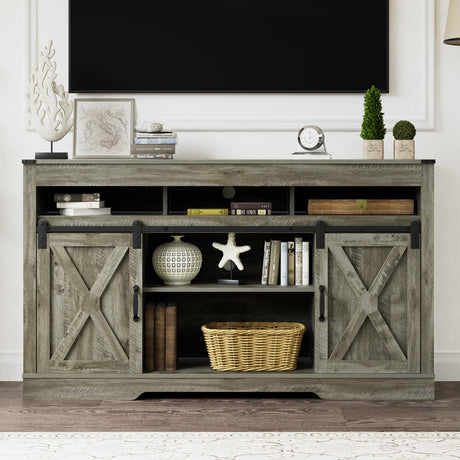 FansaFurn Farmhouse TV Stand for 65+ Inch TV, 34'' Tall Entertainment Center with Sliding Barn Doors, Rustic Wood Media Console Storage Cabinet Television Stand for Living Room, Bedroom Light Grey FansaFurn
