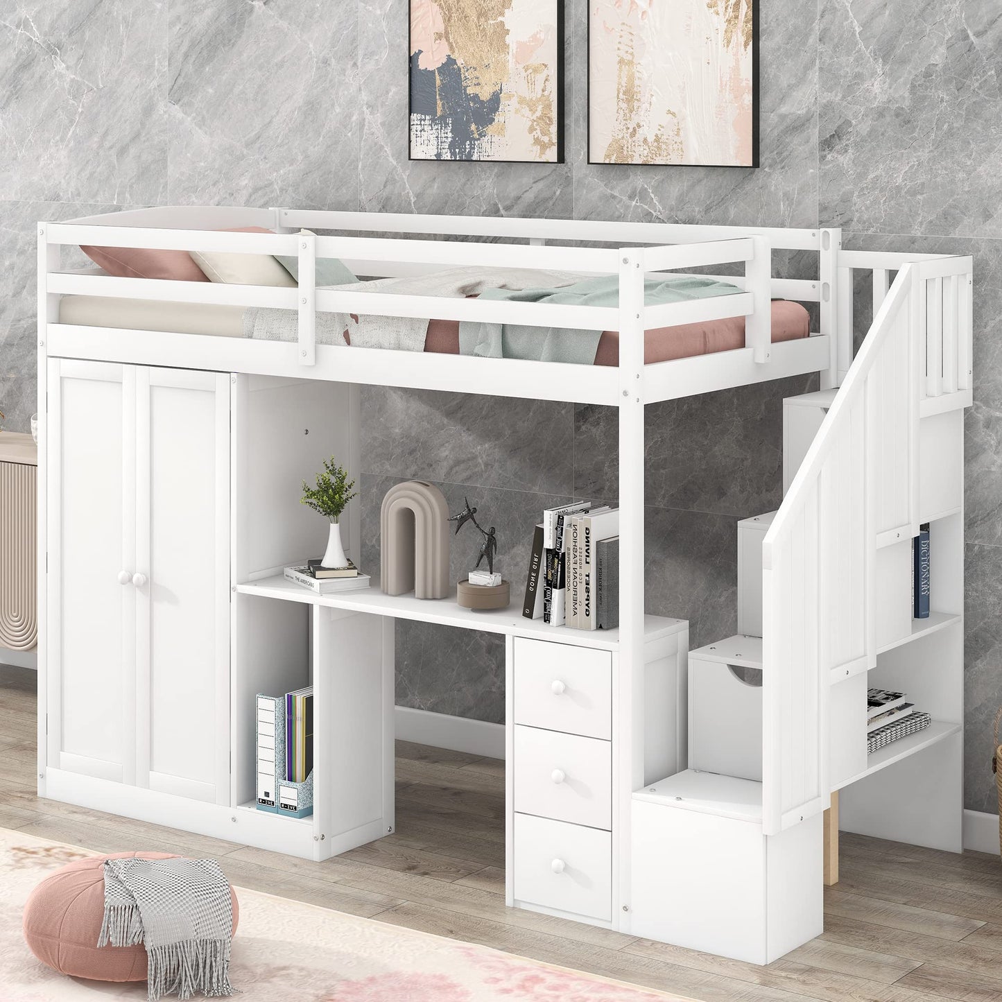 MERITLINE Twin Loft Bed with Desk, Wardrobe, and Storage Stairs - Space-Saving Design for Kids and Teens in White - WoodArtSupply