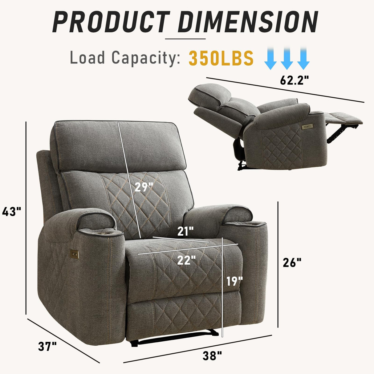 HAOMARKETS Electric Recliner Chair, Soft Fabric Power Recliners with Metal Cup Holders, Single Overstuffed Heavy Duty Reclining Sofa Chairs for Living Room Bedroom HAOMARKETS