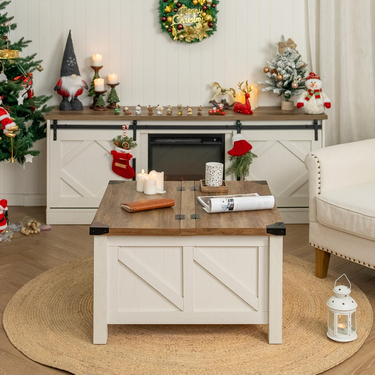 WAMPAT Farmhouse TV Stand and Coffee Table Set of 2,Modern Entertainment Center for TVs Up to 75'', Square Wood Center Table with Gas Struts Lift-Top for Living Room,White WAMPAT