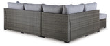 Signature Design by Ashley Petal Road Casual Weather Resistant Cushioned Outdoor Loveseat Sectional/Ottoman/Table Set with 2 Throw Pillows, Set of 4, Gray Signature Design by Ashley