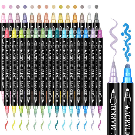 Drawnby 28 Metallic Colors Dual Tip Acrylic Paint Markers, Brush Tip and Dot Tip Premium Acrylic Paint Pens for Wood, Canvas, Stone, Rock Painting, Glass, Ceramic, DIY Crafts Making Art Supplies Drawnby