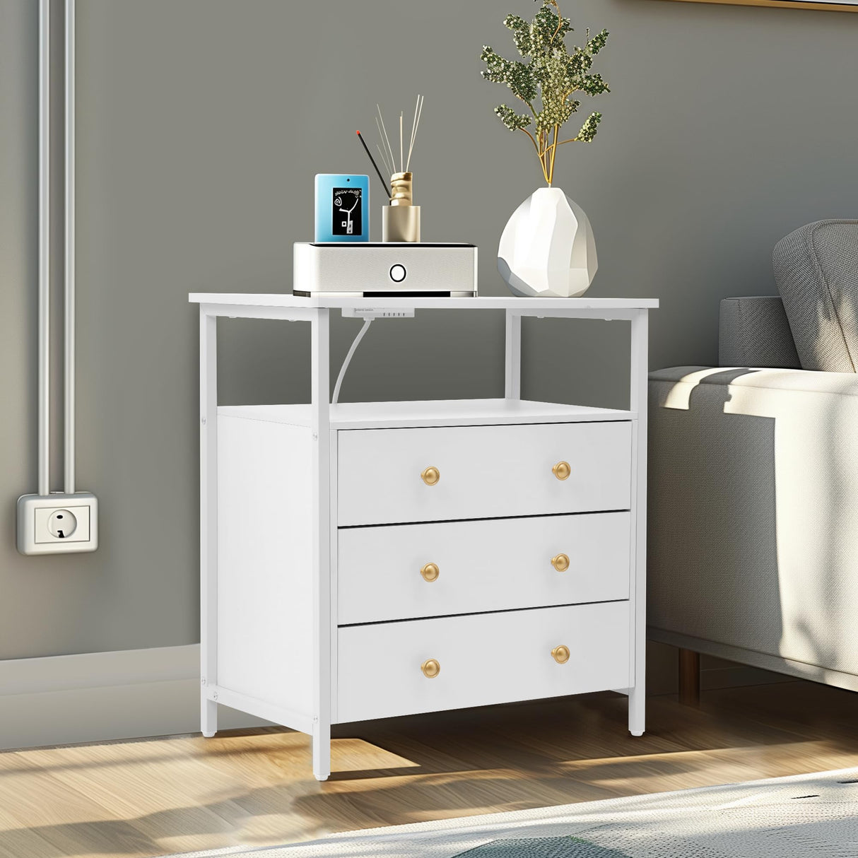 Edbuosy 3-Tier Wooden Drawer Nightstand, 27 inch Wide Night Stand Set 2 with Charging Station and Adjustable Drawers, Nightstand for Living Room/Bedroom, White. Edbuosy