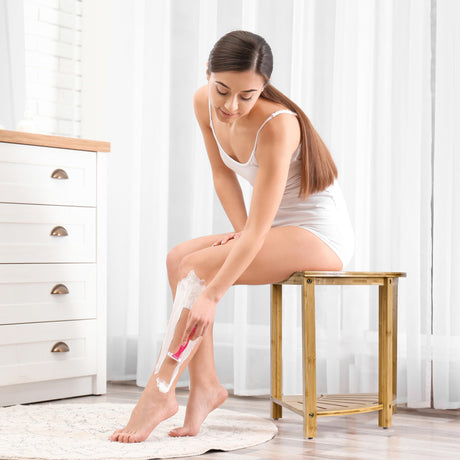 Sorbus Bamboo Shower Stool - Corner Bath Bench - Waterproof Wood Chair for Inside Shower - Bathtub Seat with Shelf for Shaving Legs - Small Corner Step Stool Foot Rest for Bathroom Bamboo Side Table Sorbus