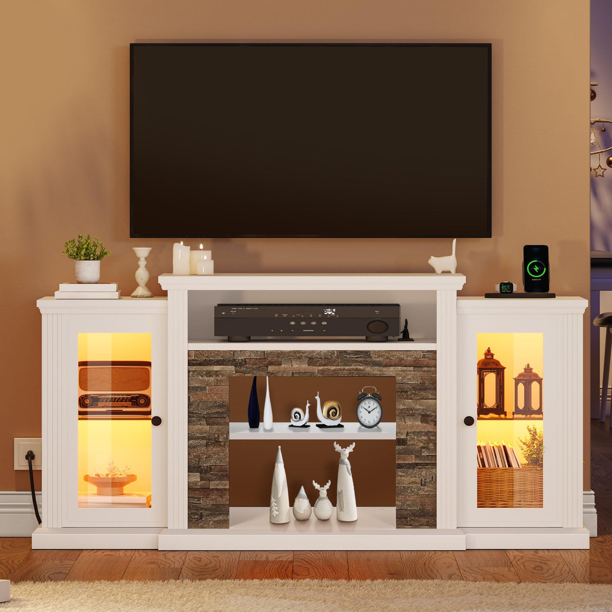 YITAHOME Modern TV Stand for 65 Inch TV, LED Entertainment Center with Power Outlets, Media Console TV Cabinet with Adjustable Shelves & Glass Door for Living Room, White, 59'' TV Stand YITAHOME