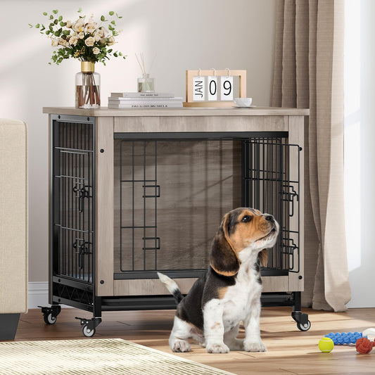 YITAHOME Dog Crate Furniture with Cushion, Dog Kennel Indoor with Wheels, Dog Crate End Table with Tray, 27" Dog Cage with Double Doors for Small Dog (Gray) - WoodArtSupply